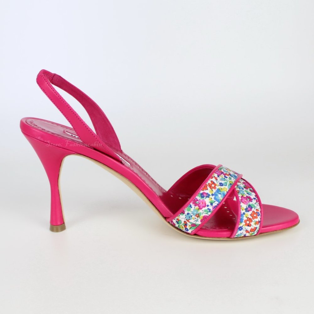 NEW MANOLO BLAHNIK Floral Leather Slingback Sandals - Work to Dinner Summer Heel - Picture 4 of 13